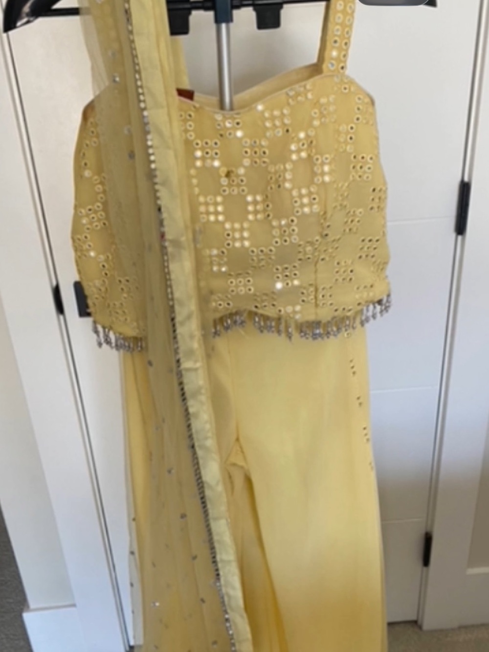 Yellow Embellished Three Piece pant crop top suit